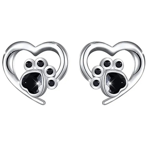 Jewelry - Love My Pet Paw Print Black Crystal Silver Toned Stud Earrings
